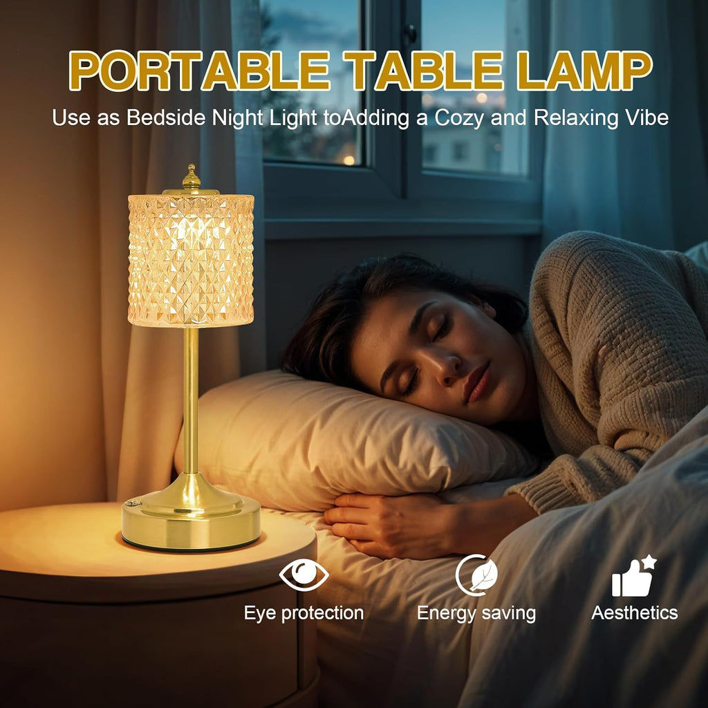 Cordless Crystal Table Lamp, 5200mAh Rechargeable Battery, 3 Color Dimmable Touch Control, Portable Vintage Gold Desk Lamp for Bedroom…