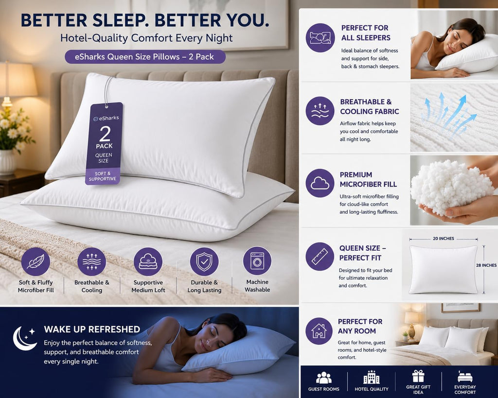 Bed Pillows Standard Queen Size, 2 Pack Soft Sleeping Pillows for Bed, Medium Loft Supportive Pillows for Side Back & Stomach Sleepers…