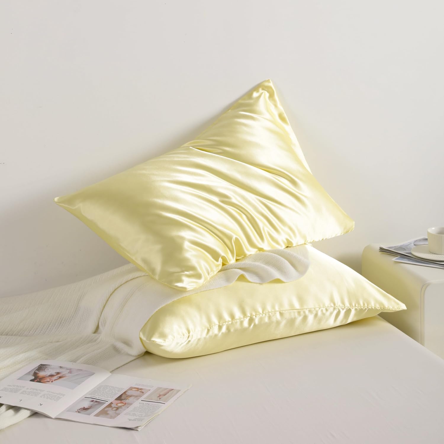 Ntbay 2 Pack Satin Standard Pillowcases for Hair and Skin, Luxurious and Silky Pillow Cases with Envelope Closure, 20x26 Inches, Light Yell…