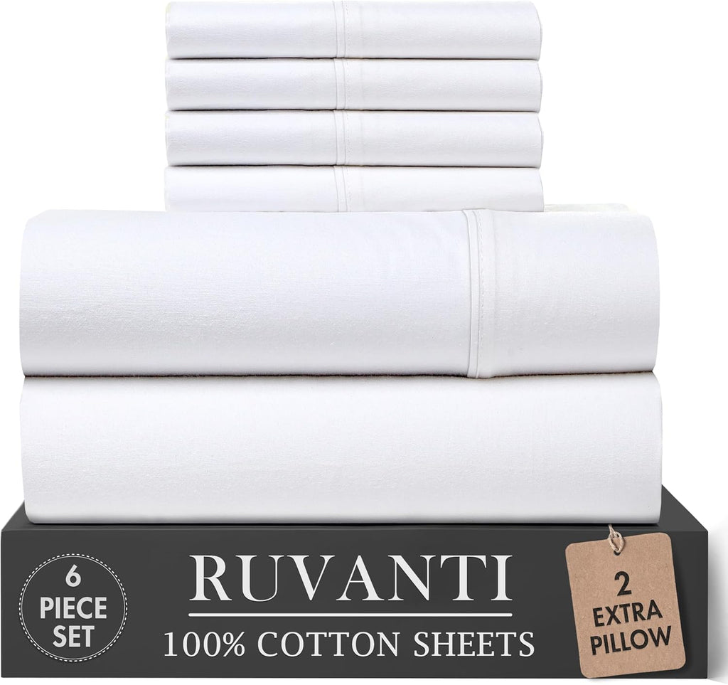 Ruvanti 100% Cotton Percale Sheets Full Size 6 Piece Set, Cooling Bed Sheets for Hot Sleepers, Deep Pocket 16”, Breathable Lightweight & Du…