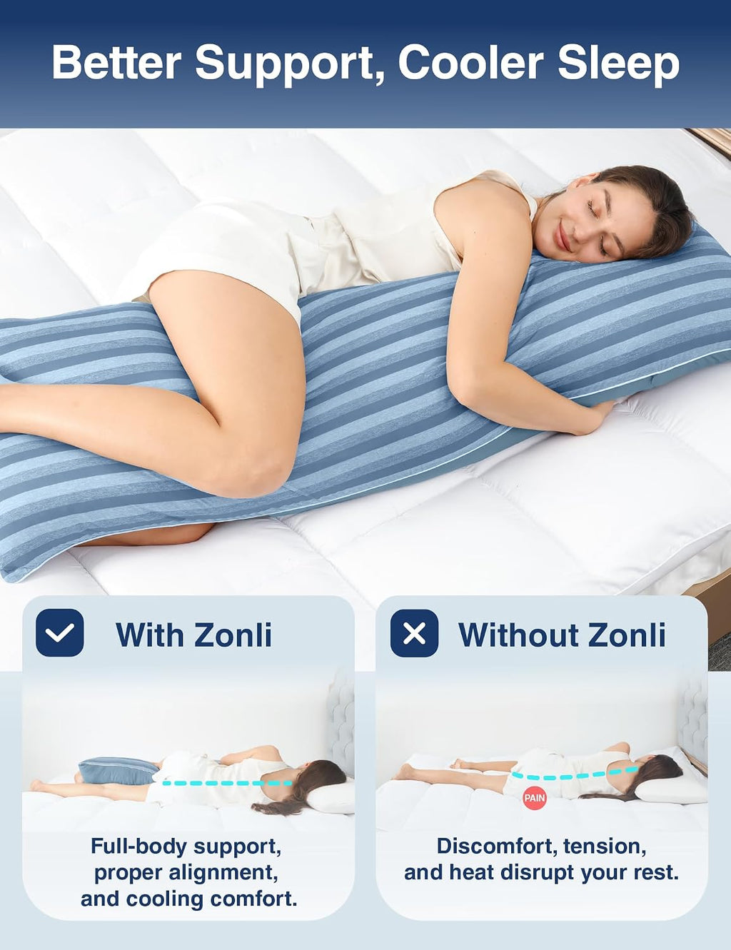 ZonLi Cooling Body Pillow for Adults, Breathable Cooling Fabric with Firm Memory Foam Support, Long Body Pillow for Side Sleepers, Gift…