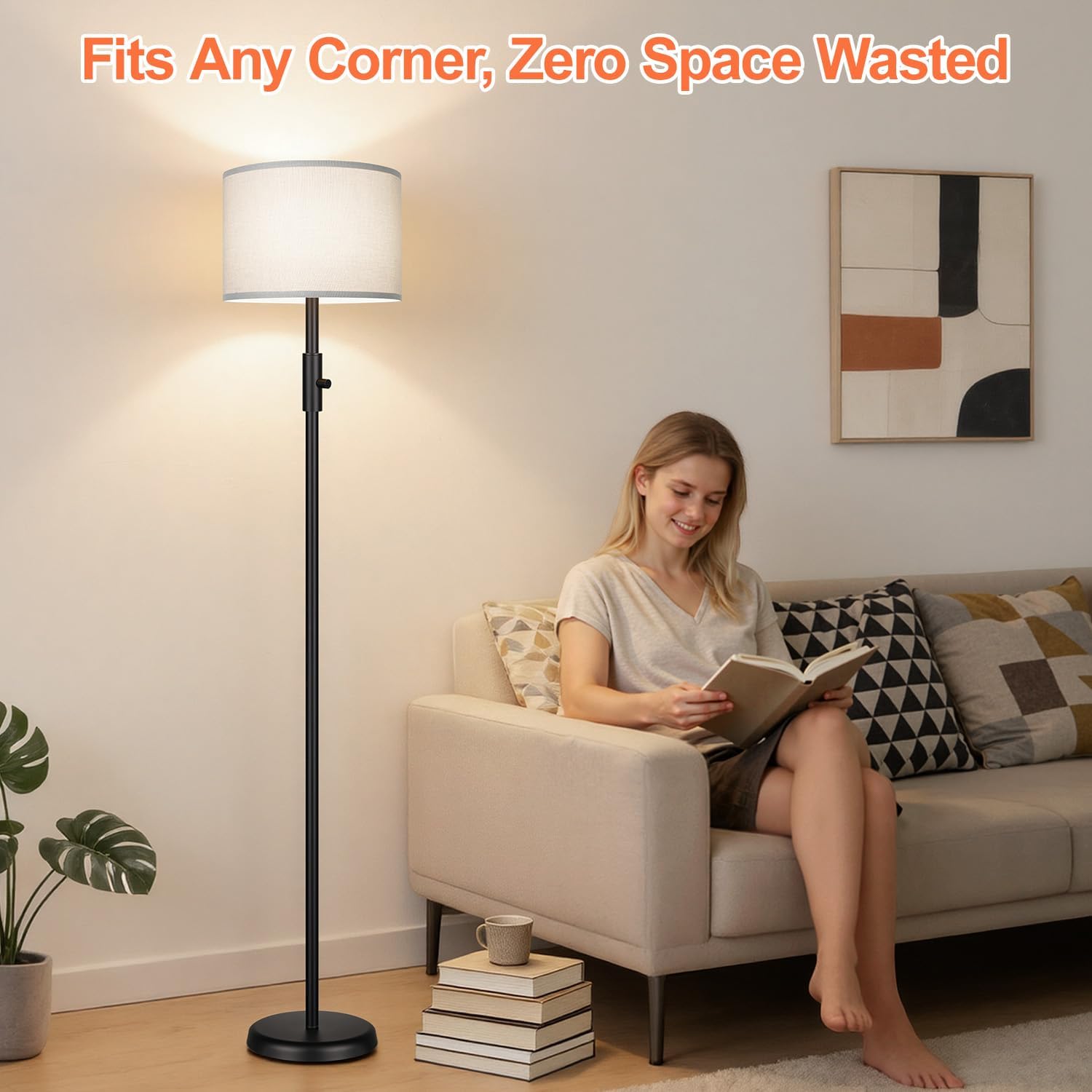 Floor Lamp Simple Design with Shade, Small Tall Lamps for Living Room Bedroom Office Dining Room Kitchen, Black Pole Lamp-Gray