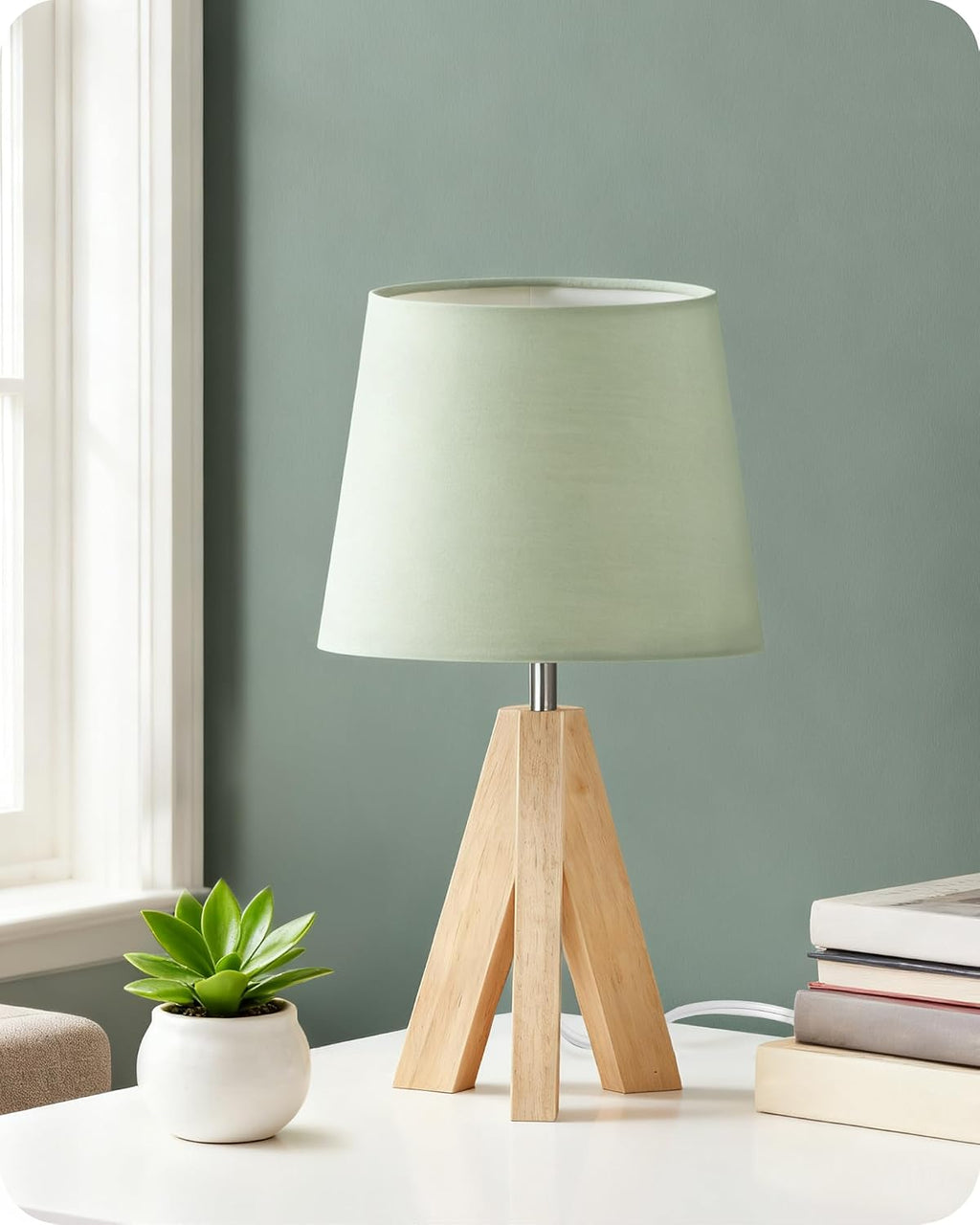 Tripod Table Lamp, Small Bedside Lamp with Wood Base & Green Fabric Shade, Little Cute Desk Lamp, Modern Nightstand Lamp for Bedroom…
