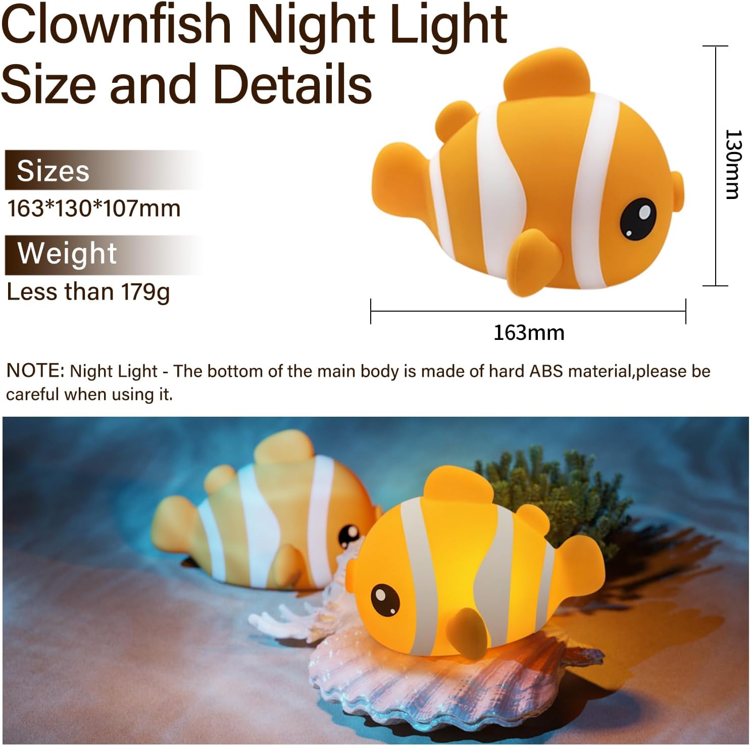 Avacom Cute Clownfish Night Light - Soft Squishy Silicone Pat Lamp with 3-Level Brightness Adjustment, Timer Function, Rechargeable Touch C…