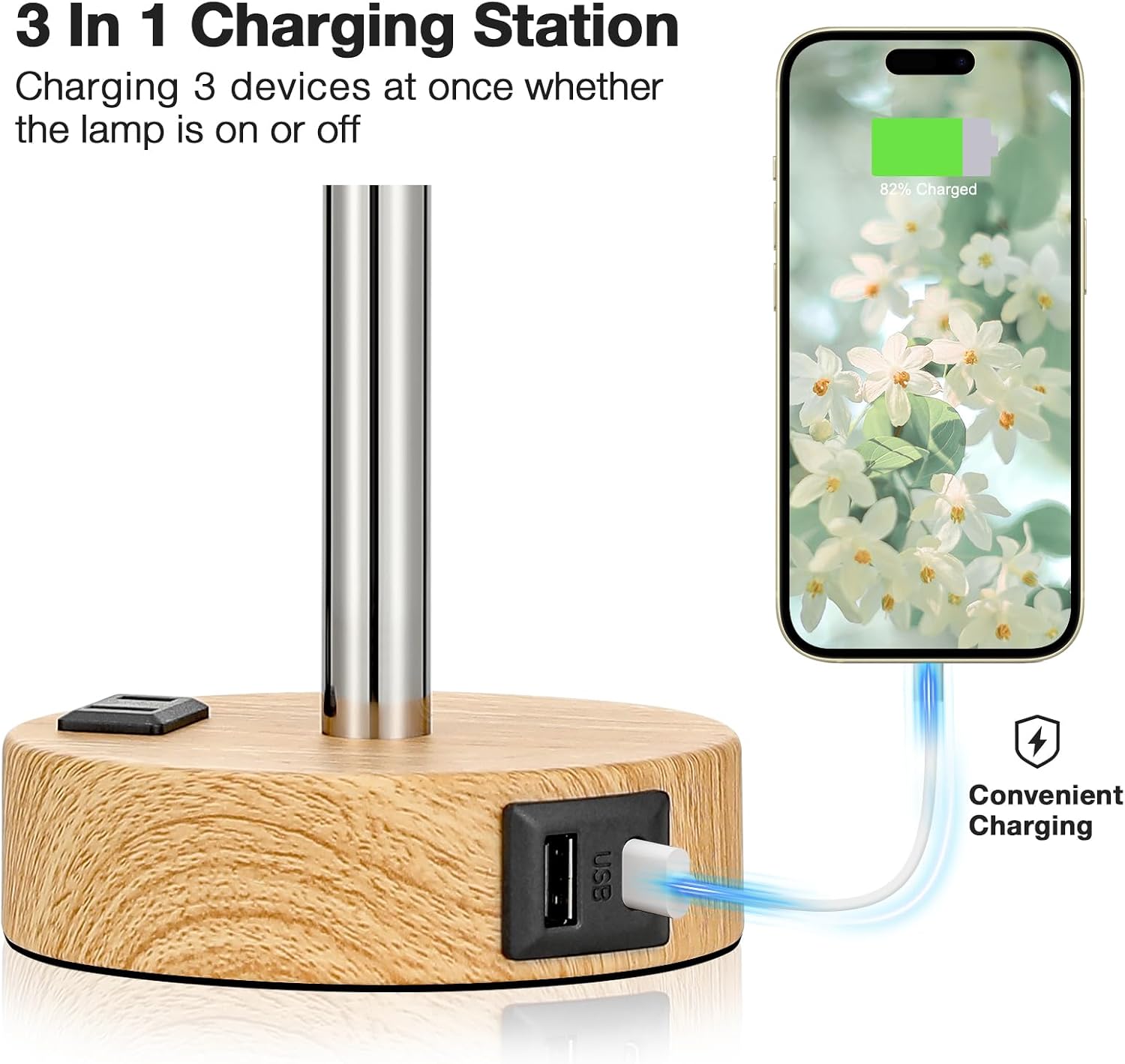 Fenmzee Floral Touch Lamp for Bedroom- 3 Way Dimmable Bedside Lamp USB C A Charging Ports and AC Outlet, Small Table Lamp Floral Linen…