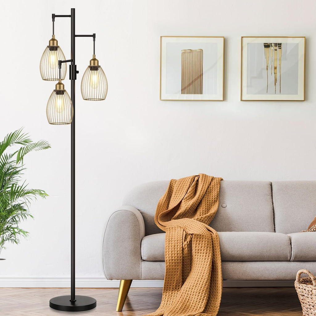 Dimmable Floor Lamp, Industrial Floor Lamps for Living Room, Gold and Black Tree Lamp Standing Lamp Tall Lamps with 3 Elegant Teardrop…