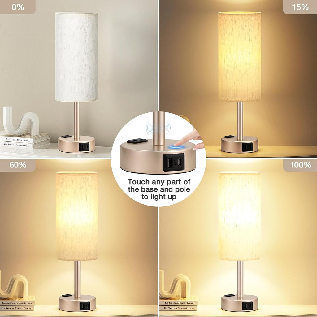 Fenmzee Bedside Table Lamp for Bedroom - 3 Way Dimmable Touch Lamp USB C Charging Ports and AC Outlet, Small Lamp Gold Base Round Flaxen…