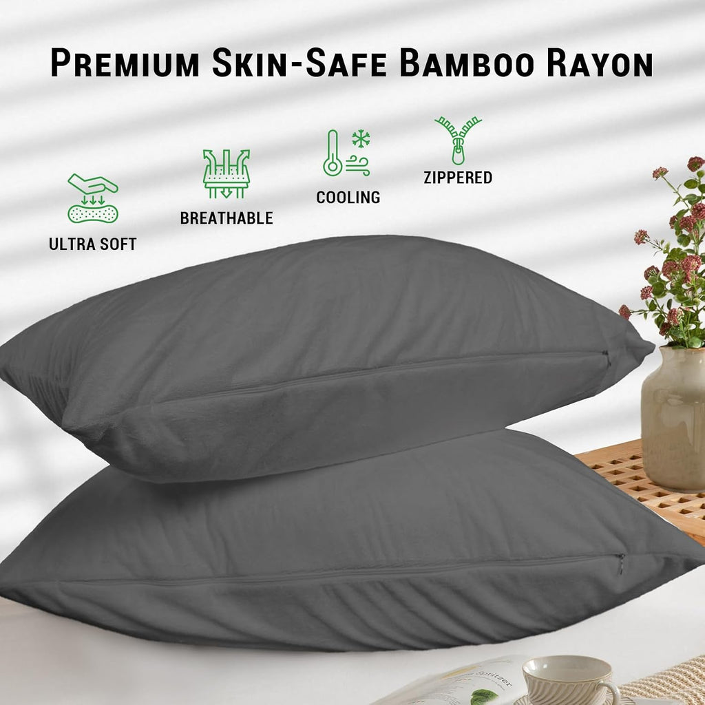 Gogreen Bamboo Rayon Waterproof Pillow Protector, Breathable Pillow Cover, Warm Pillow Case Protector with Zipper, Soft Terry Pillow Case C…