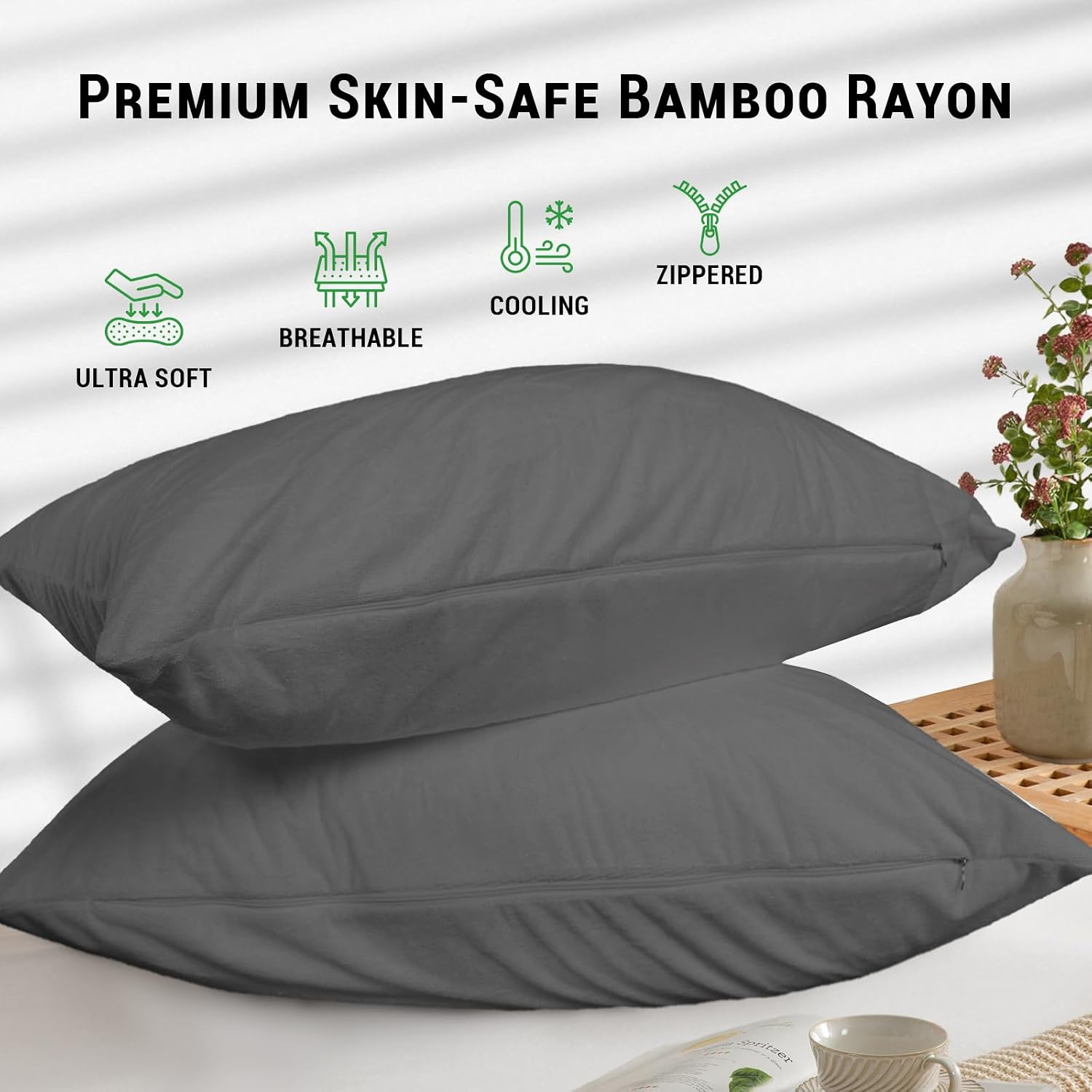 Gogreen Bamboo Rayon Waterproof Pillow Protector, Breathable Pillow Cover, Warm Pillow Case Protector with Zipper, Soft Terry Pillow Case C…