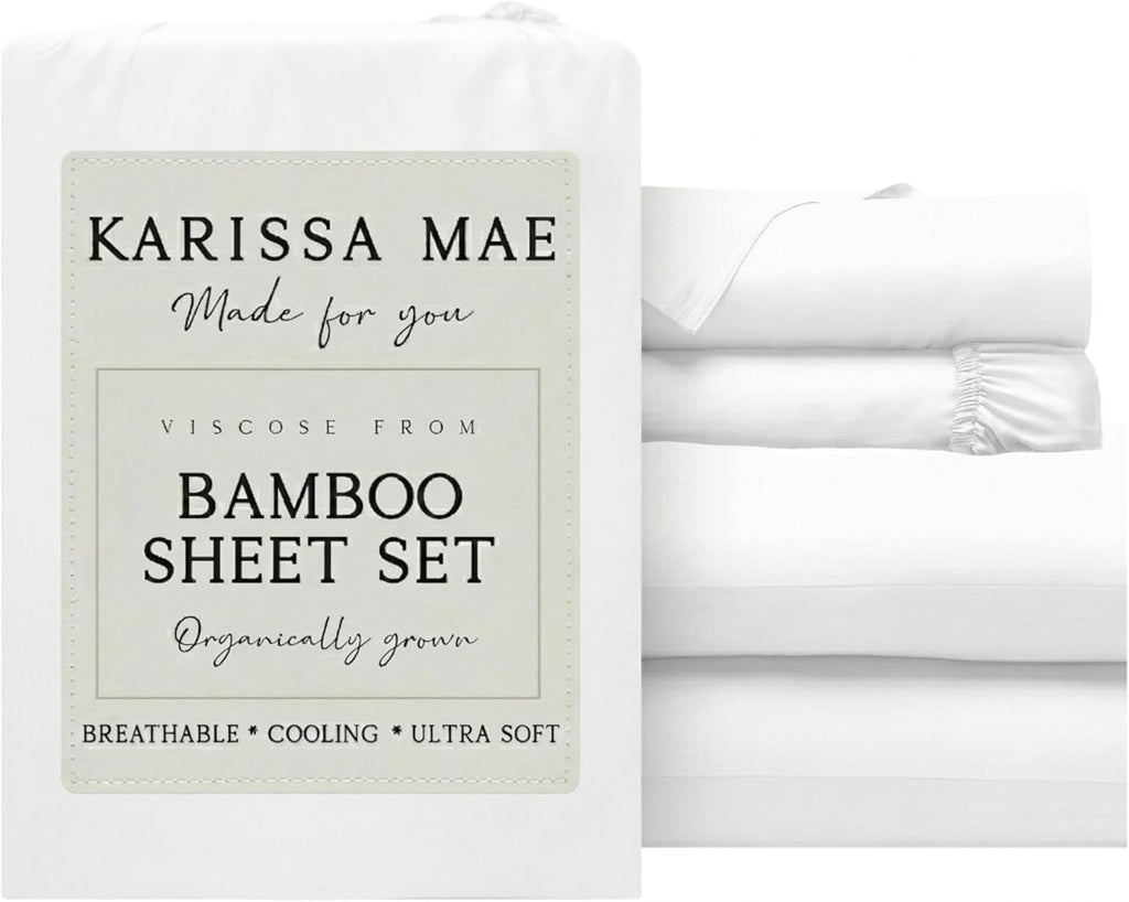 KARISSA MAE Pure Viscose from Bamboo Full Size Sheet Set | 100% FSC Certified | Luxuriously Soft | Cooling | 18" Deep Pocket w/Corner…