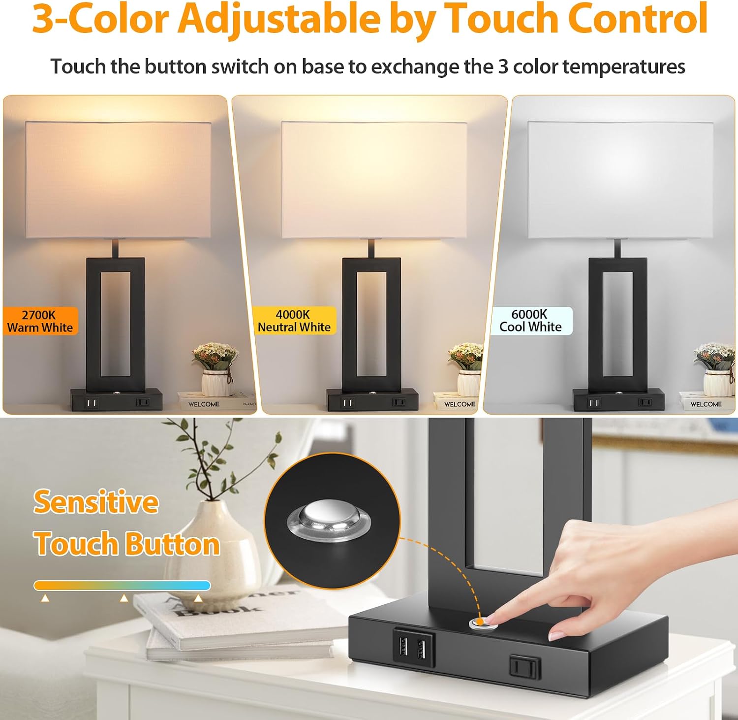 27.2’’ Tall Black Table Lamps for Living Room Bedroom, Bedside Touch Control Lamps with 2 USB Ports&AC Outlet, 3 Color Temp.&Stepless…