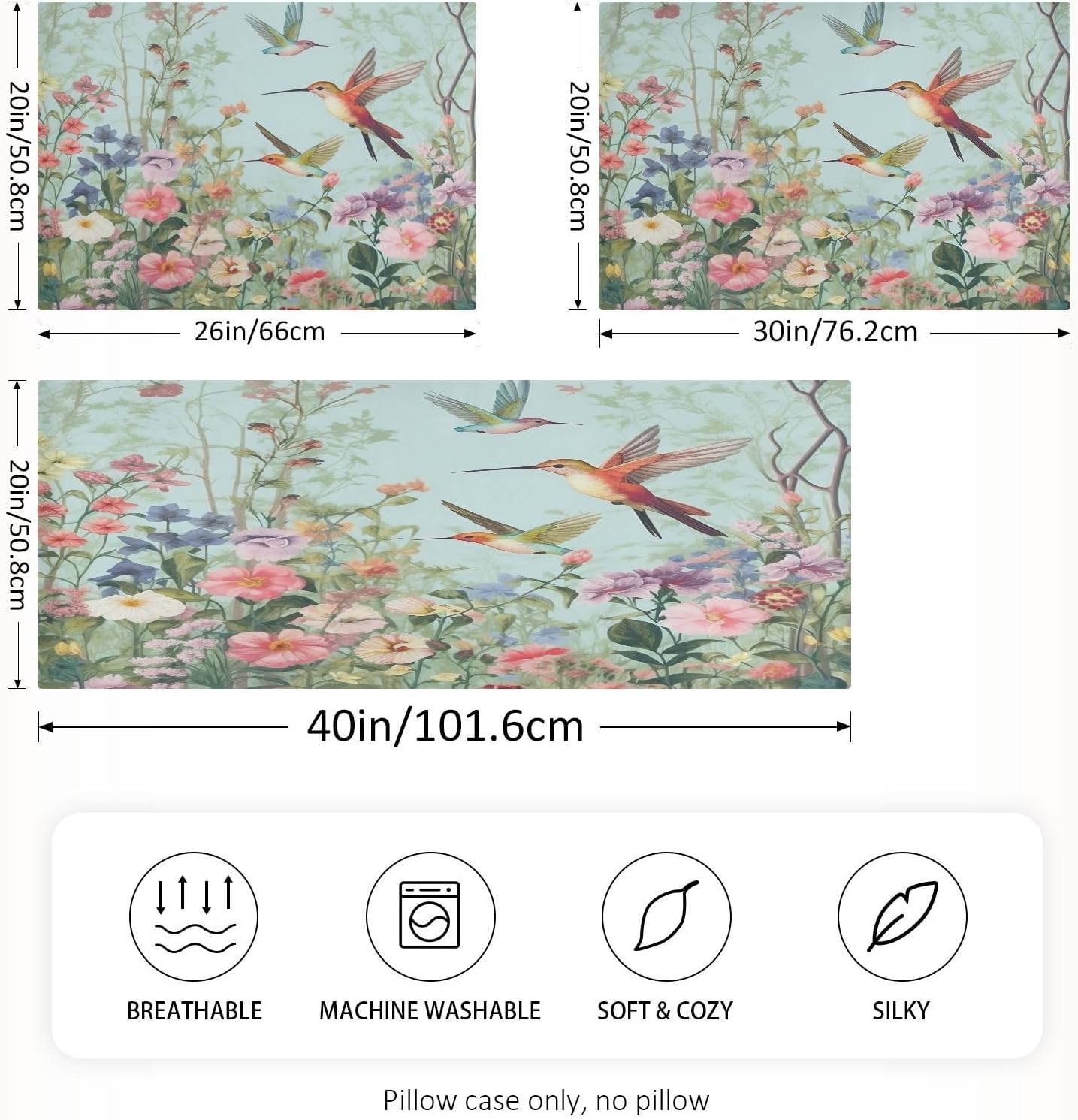 YETTASBIN Hummingbirds Flower Satin Pillowcase, Soft Breathable Silk Pillow Case with Envelope Closure for Hair and Skin, Standard Size…