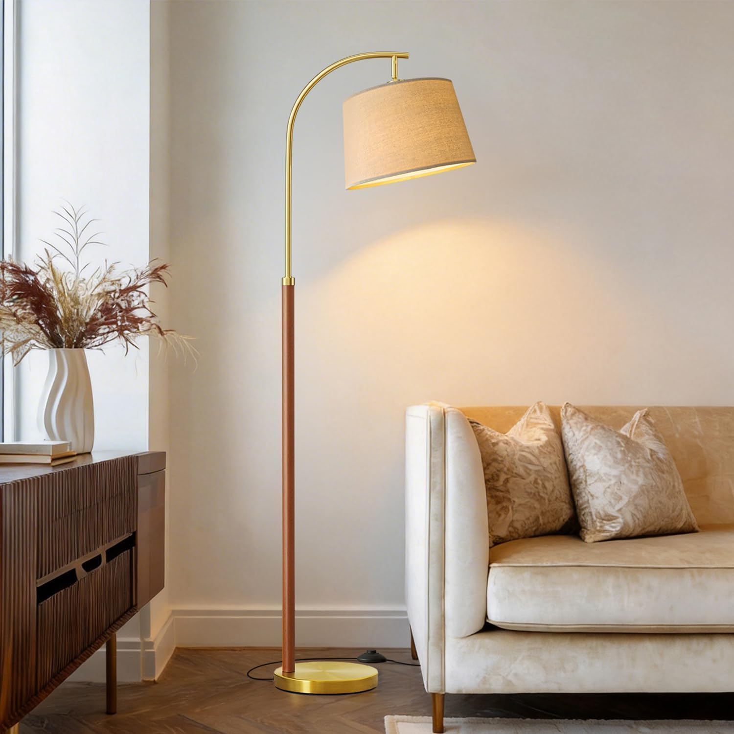 G-SAFAVA Real Wood Floor Lamps for Living Room Bedroom, 62.5" Mid Century Modern Lamp Gold Standing Tall Arc Lamps with Foot Switch…