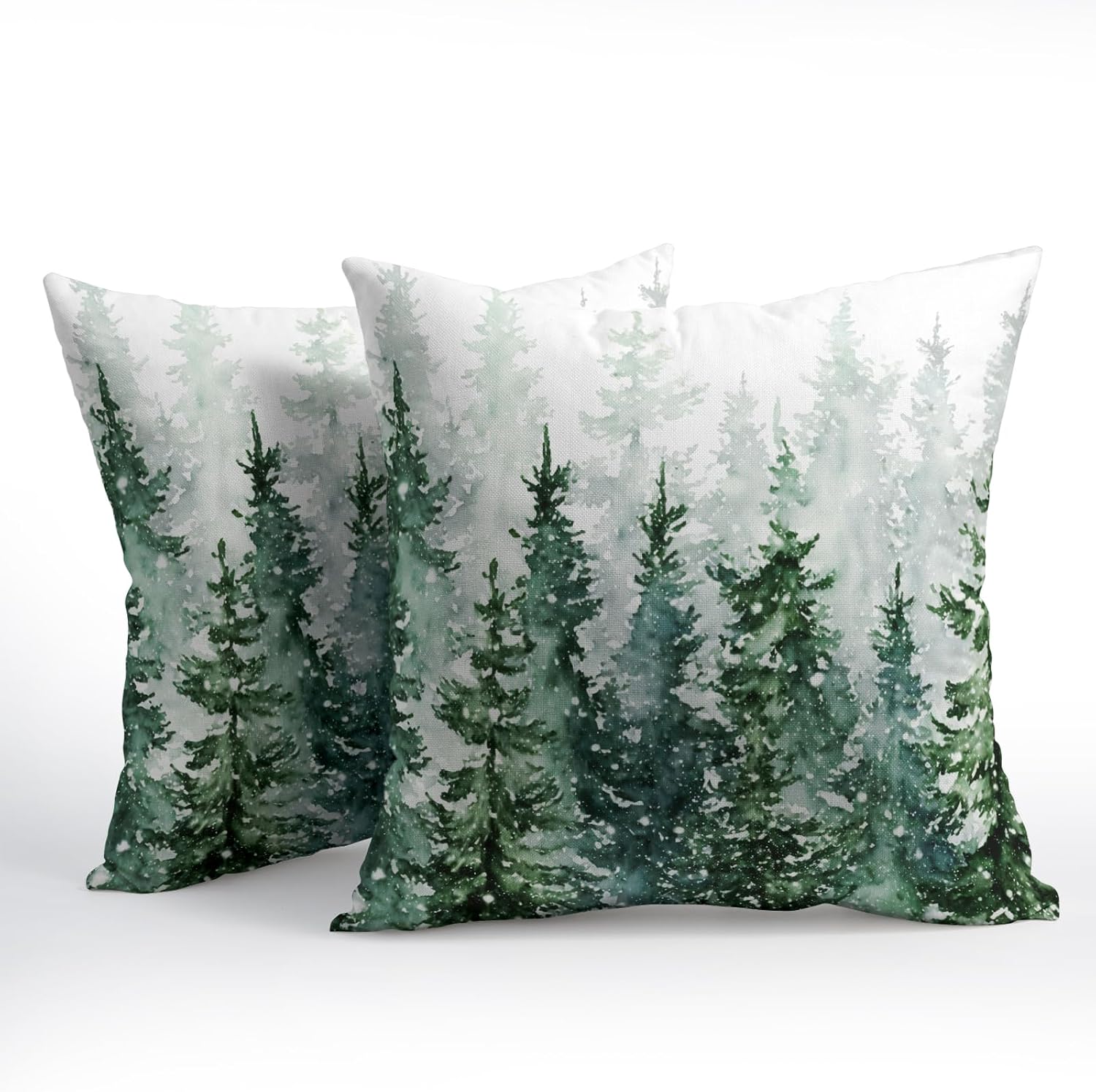 Granbey Winter Forest Pillow Covers 16x16 Inch 2Pcs Watercolor Green Misty Pine Tree Nature Landscape Throw Pillows Cover Mountain Square C…