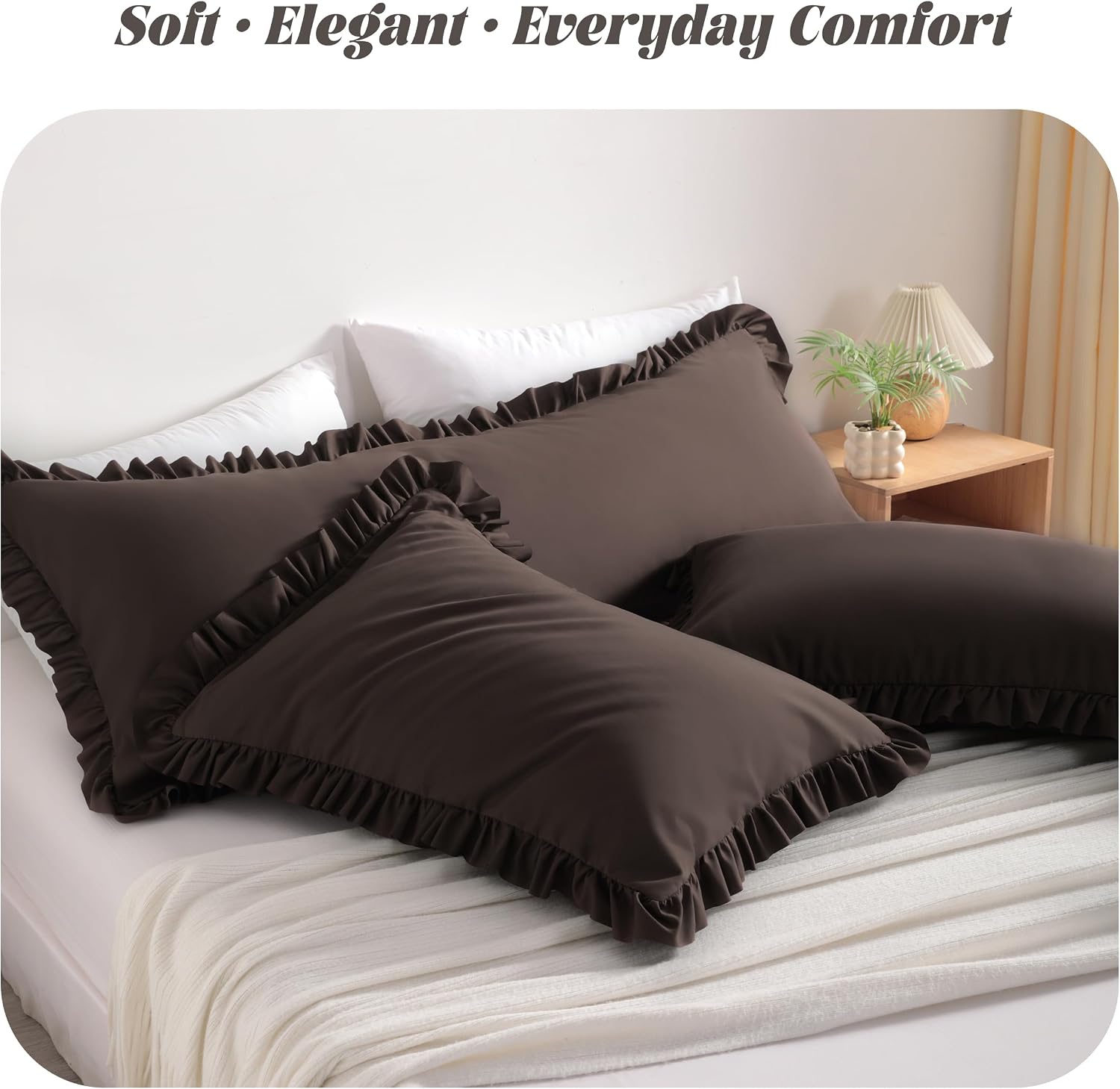 Bedsum Ruffled Pillow Shams Standard 20x26 Set of 2, Brushed Microfiber Pillowcases with Envelope Closure, Soft Wrinkle-Resistant, Dark Bro…