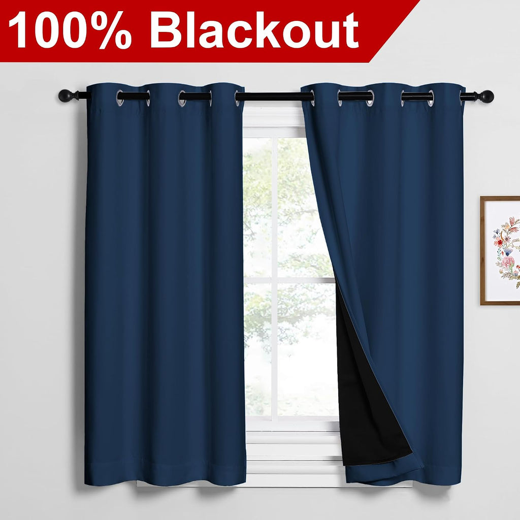 Nicetown Moroccan Blue 100% Blackout Curtains 2 Panels with Black Liners, Thermal Insulated Full Blackout 2-Layer Lined Drapes, Noise Cance…
