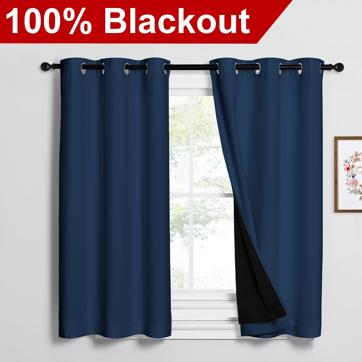 Nicetown Moroccan Blue 100% Blackout Curtains 2 Panels with Black Liners, Thermal Insulated Full Blackout 2-Layer Lined Drapes, Noise Cance…