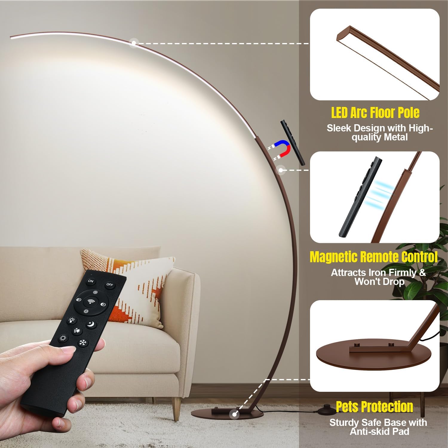 Dimmable LED Floor Lamp with 3 Color Temperatures, Ultra Bright 2000LM Brown Arc Floor Lamps for Living Room, Modern Standing Tall Lamp…