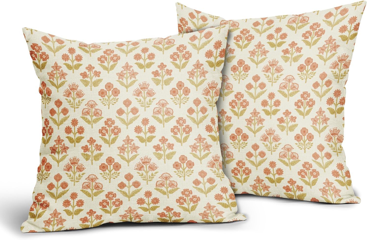 Orange Yellow Floral Pillow Covers 22x22 Inch Set of 2, Vintage Flower Block Decorative Throw Pillowcases Outdoor Farmhouse Cushion…