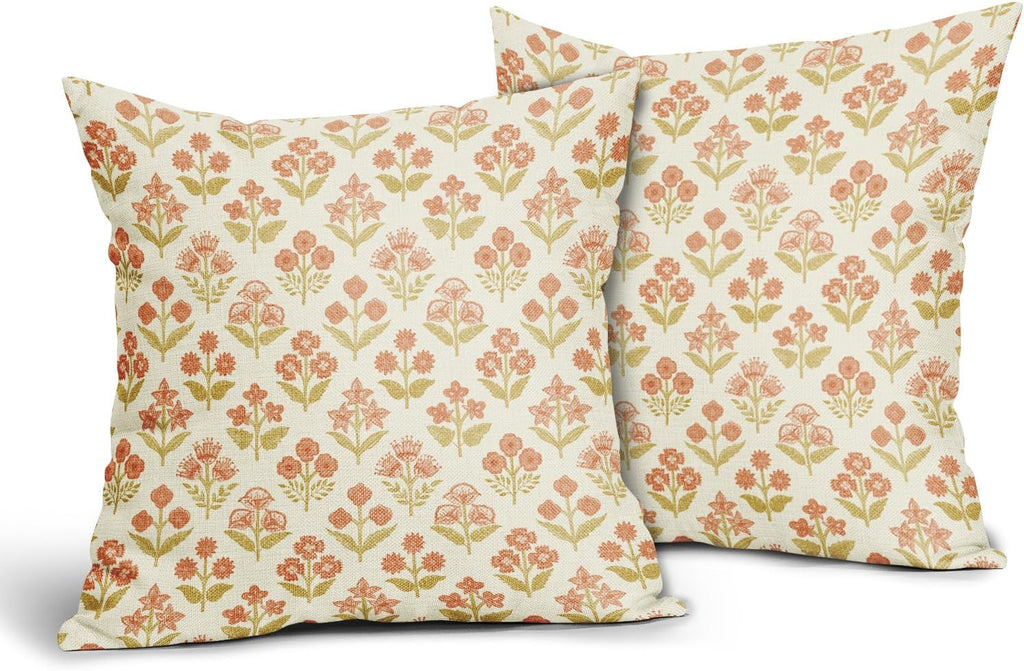 Orange Yellow Floral Block Print Pillow Covers 18x18 Inch Set of 2, Vintage Flower Pattern Decorative Throw Pillowcases Outdoor Farmhouse…