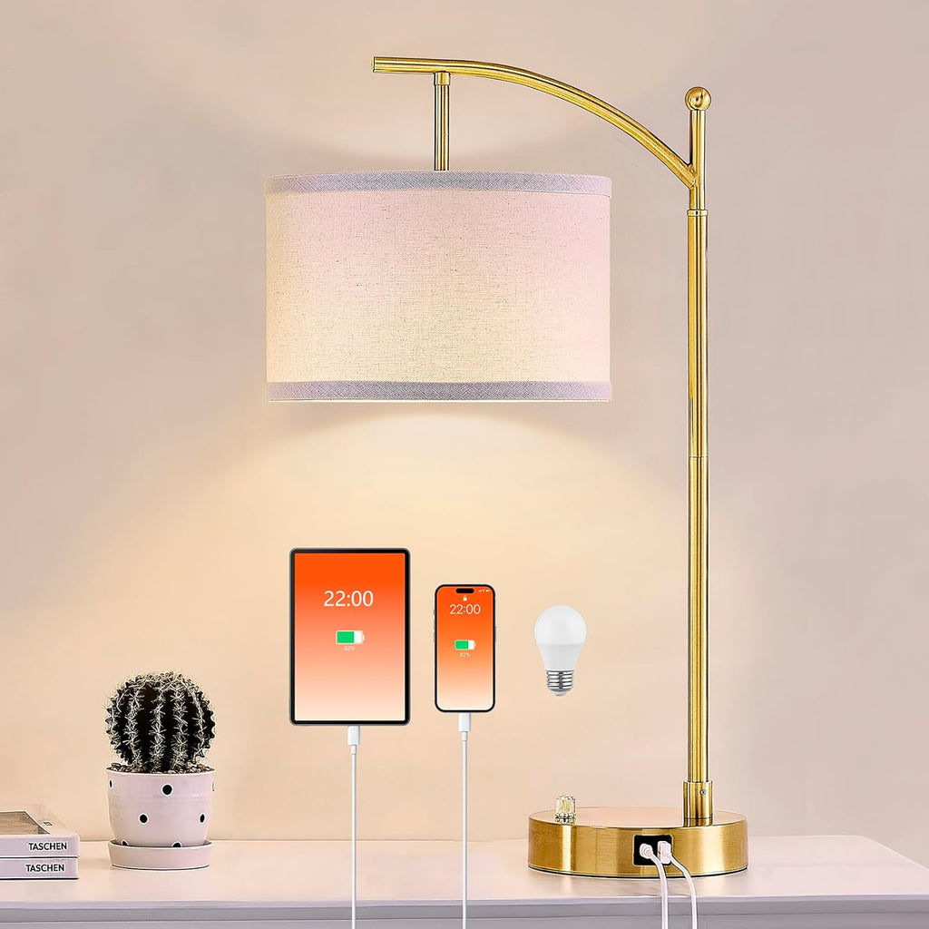 Table Lamp for Living Room Bedroom, 23.5" Table Lamp with USB C+A Ports, Bedside Lamp for Nightstand with Linen Lamp Shade, Dimmable LED…