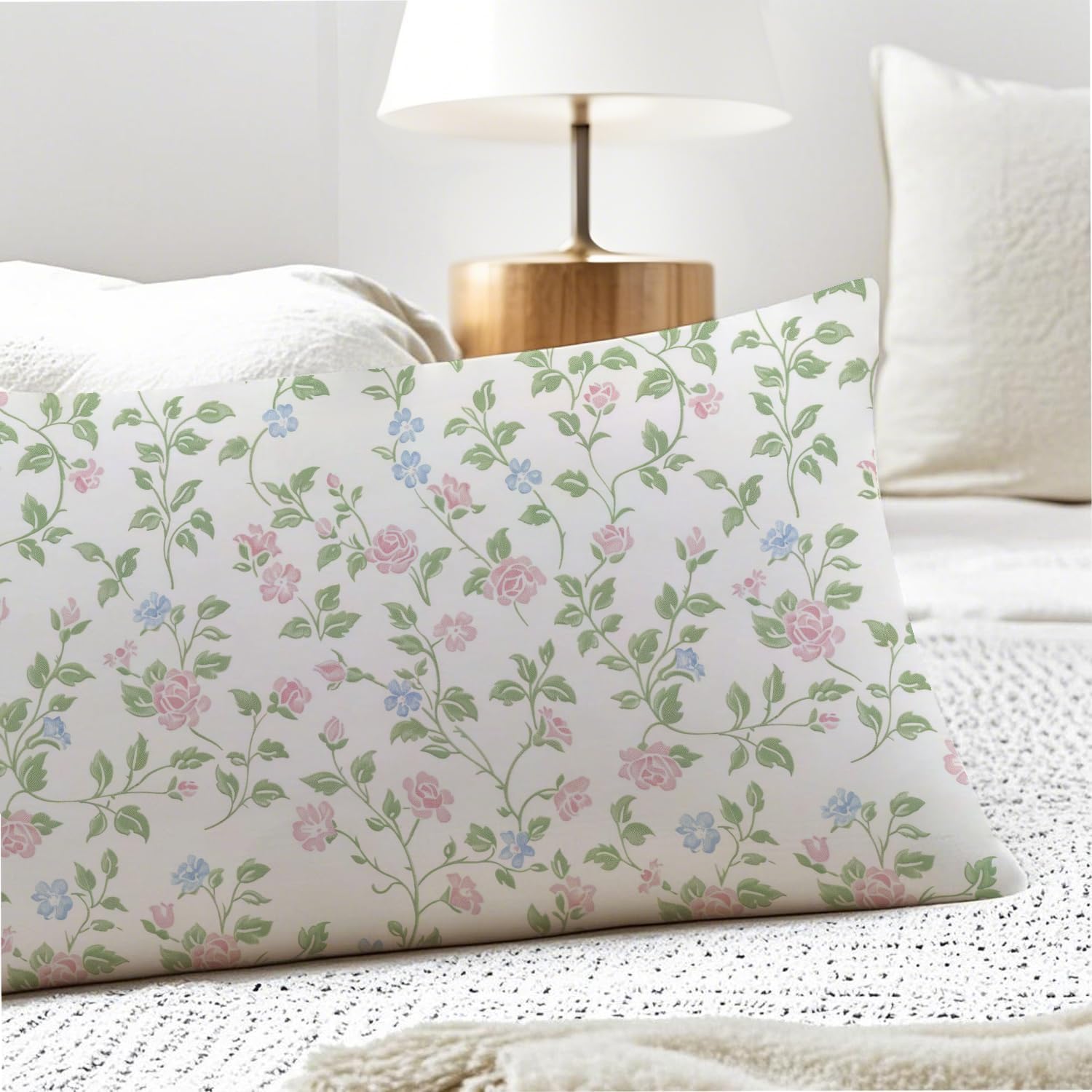 Pink and Green Blue Grandmillennial Floral 20x54 Body Pillow Cover, Cottagecore Home Decor, Pastel Pink Grand Millenial Flower Decorative…