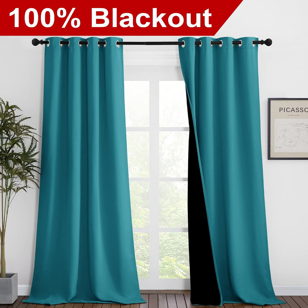 Nicetown Peacock Teal Blackout Curtains 90 inches Long, Full Light Blocking Drapes with Black Liner for Nursery, Thermal Insulated Draperie…