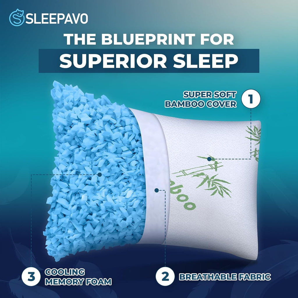 Sleepavo Adjustable Cooling Pillows Queen Size Set of 2 Pack - Extra Soft Shredded Memory Foam Best Pillows for Sleeping - Back, Stomach…