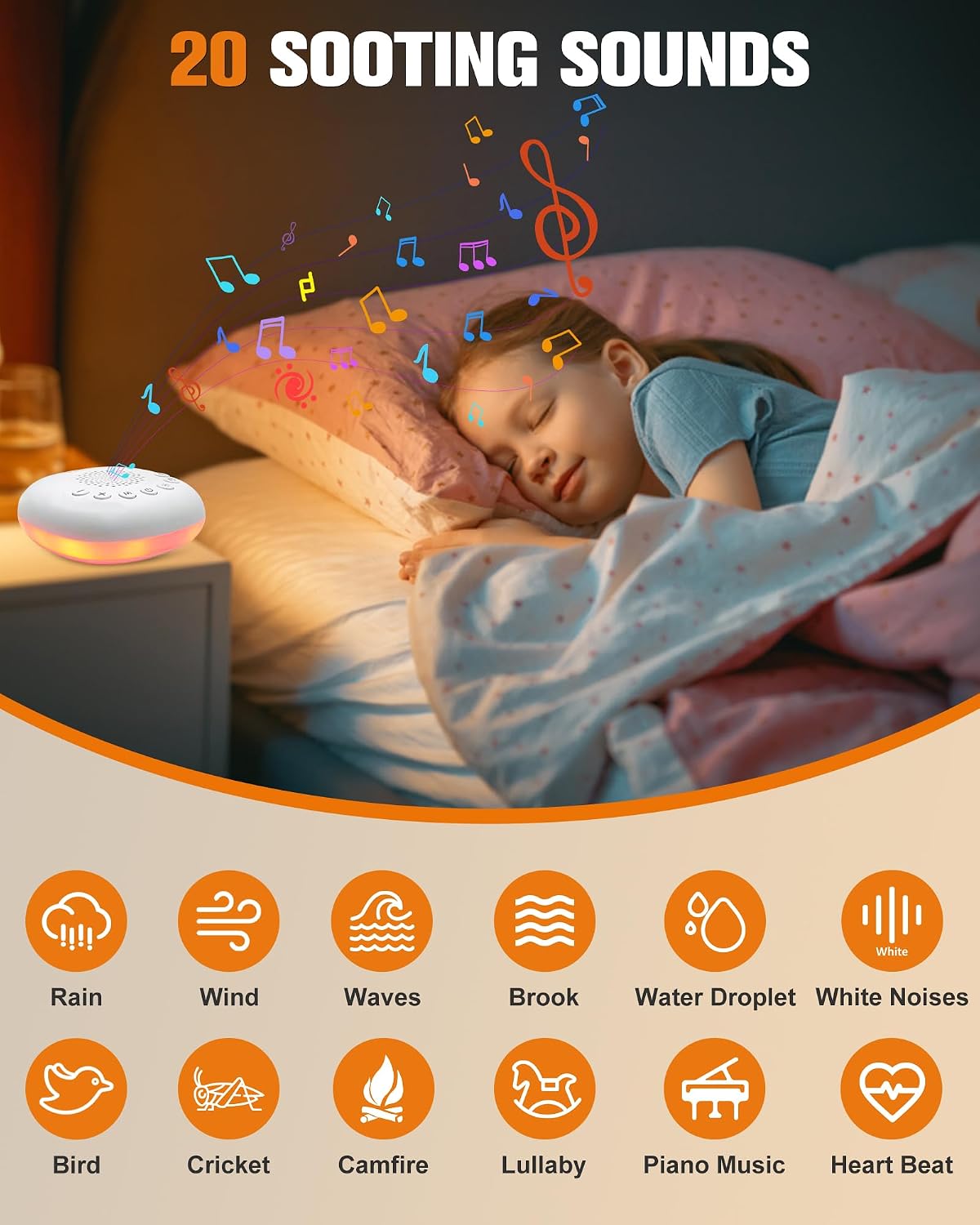 White Noise Sound Machine for Sleep - Portable Sound Machine, 20 Soothing Sounds 9-Color Night Light 30 Volume Levels 4 Timer Options…