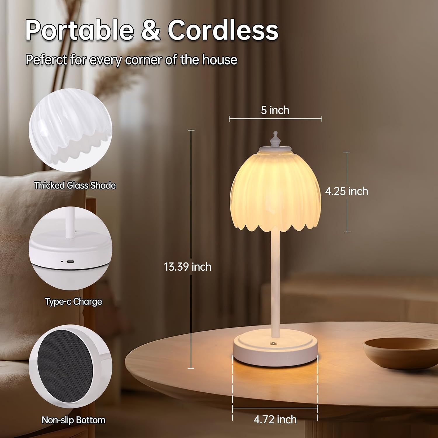 Shenmoyl Tulip Table Lamp with 5200mAh Battery & Touch Control, Cordless Small Table Lamp with 3 Colors, Dimmable Rechargeable Table…