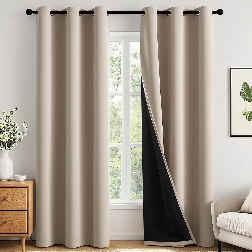 Miulee Taupe 100% Blackout Curtains for Bedroom 72 Inch Long, 2 Thick Layers Thermal Insulated Black Out Window Curtains with Black Liner,…