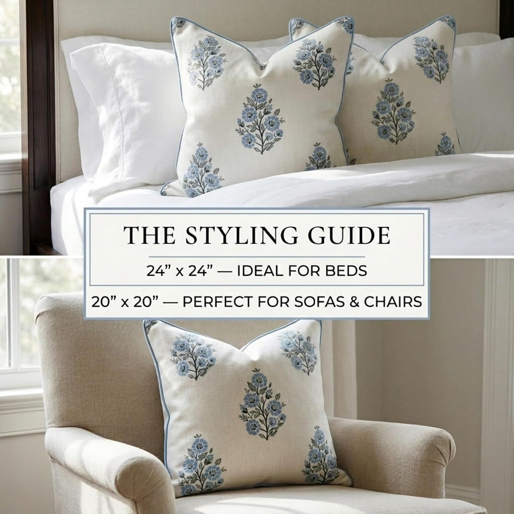 Jillien Harbor “The Camille” Decorative Pillow Cover – Blue & Whitel Floral Block Print Pillow Cover – Grandmillennial Home Decor, 24" x 24"