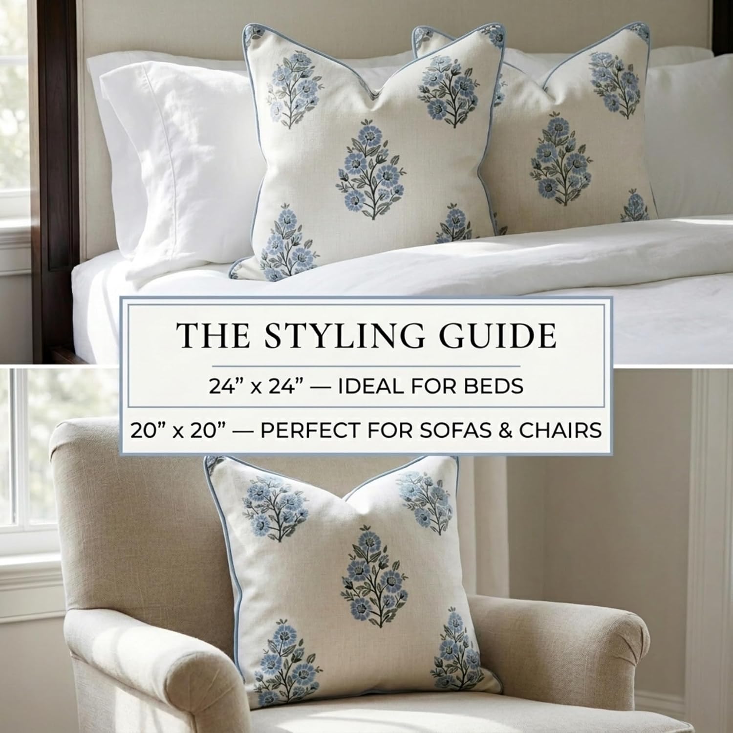 Jillien Harbor “The Camille” Decorative Pillow Cover – Blue & Whitel Floral Block Print Pillow Cover – Grandmillennial Home Decor, 24" x 24"
