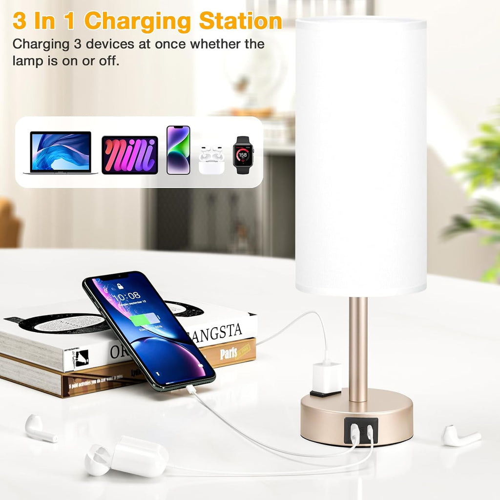 Touch Bedside Table Lamps Set - 3 Way Dimmable Bedroom Lamps Set of 2 with USB C and A Ports, Small Lamps for Nightstand with AC Outlet…