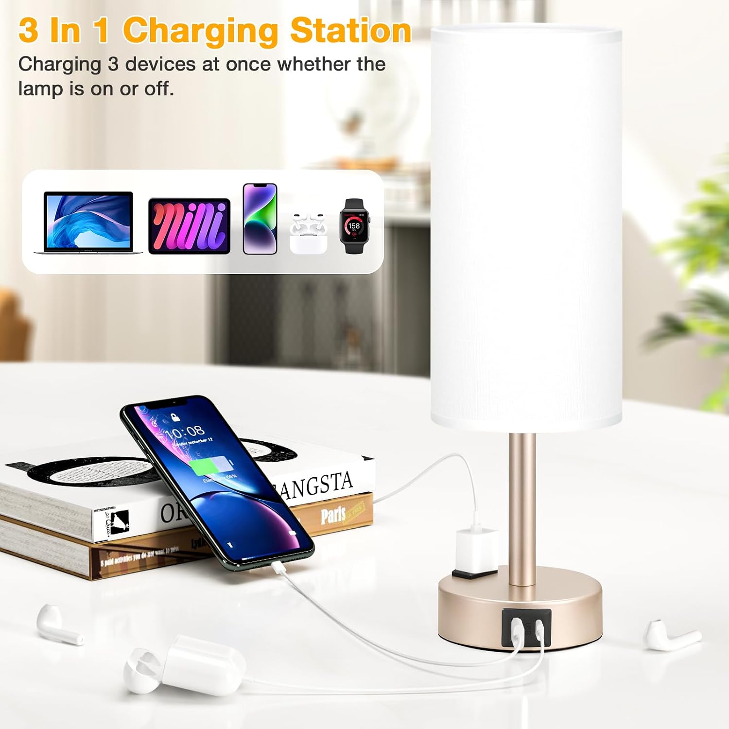 Touch Bedside Table Lamps Set - 3 Way Dimmable Bedroom Lamps Set of 2 with USB C and A Ports, Small Lamps for Nightstand with AC Outlet…