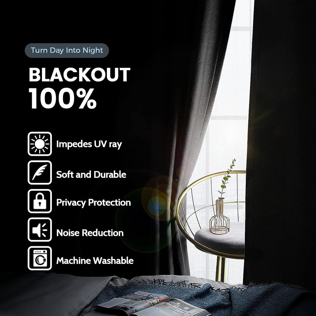 SimpleHome 100% Blackout Curtains for Bedroom, Thermal Insulated Grommet Window Drapes Room Darkening Black Curtains for Living Room with Bl…