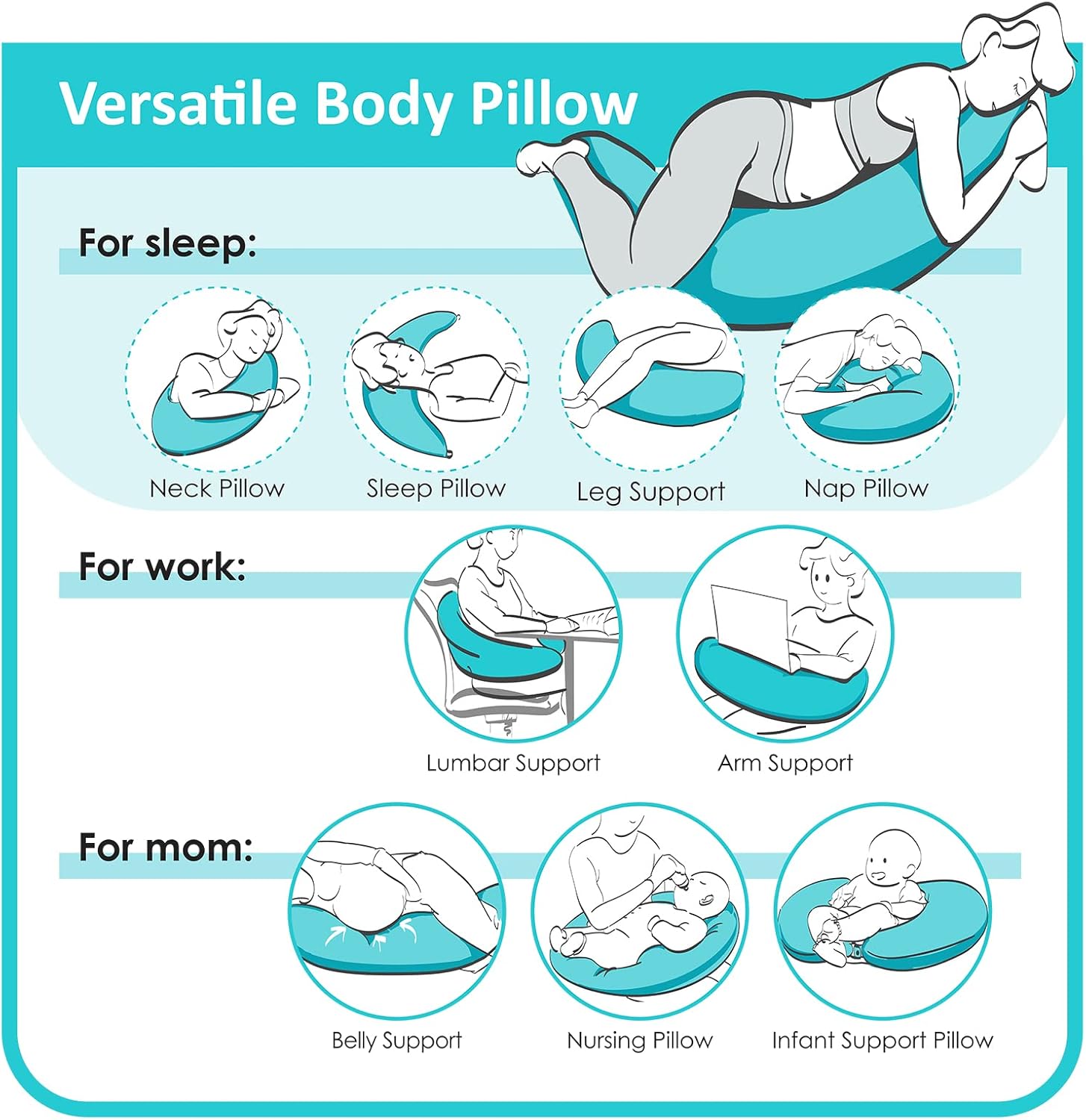 BYRIVER Firm C Shaped Body Pillow for Side Sleeping Women Men, Cooling Pregnancy Pillows for Sleeping, Washable Jersey Cotton Cover…