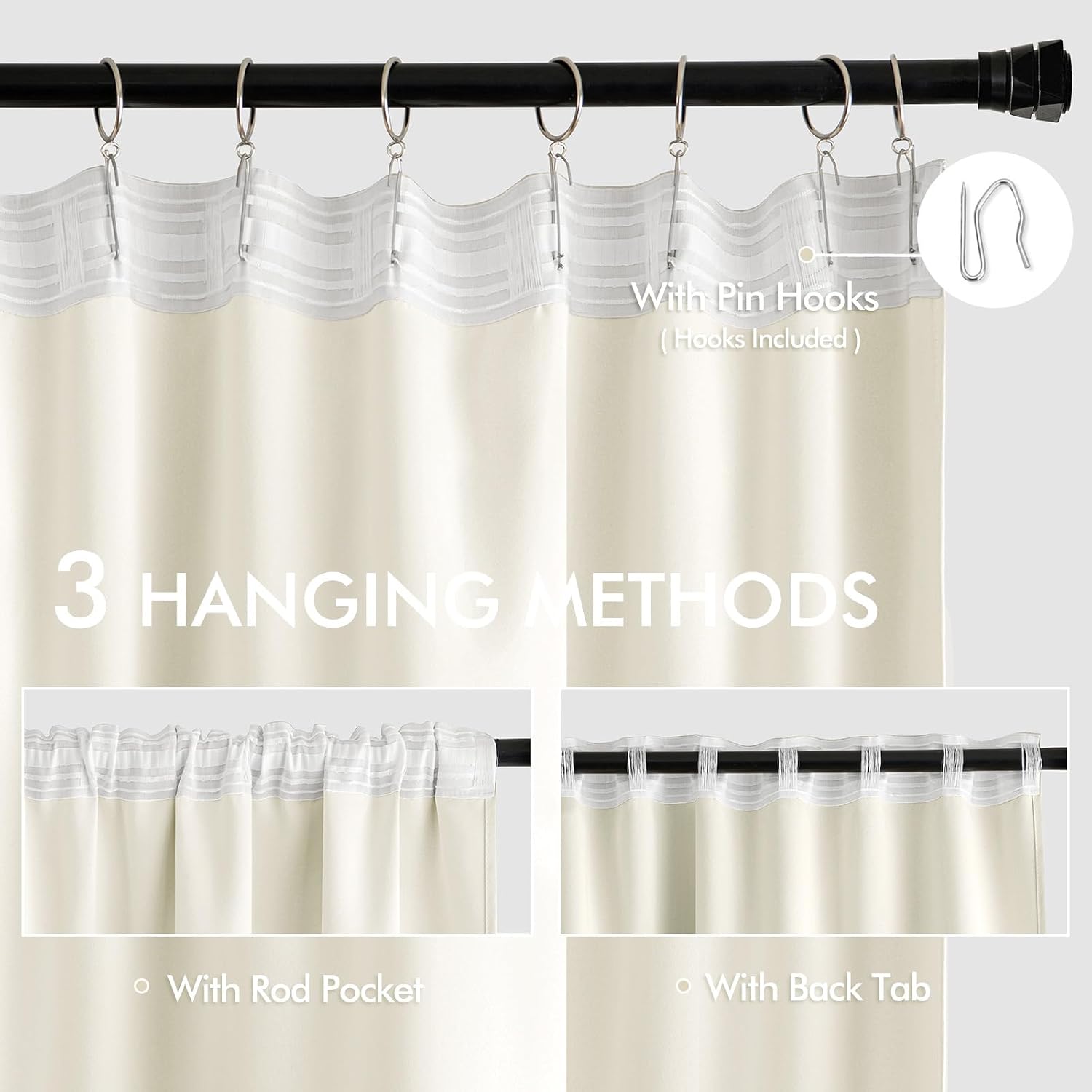 Miulee Cream Back Tab Blackout Curtain 96 Inch Long 2 Panels Set for Bedroom, Rod Pocket/Pinch Pleat Thermal Insulated Living Room Darkenin…