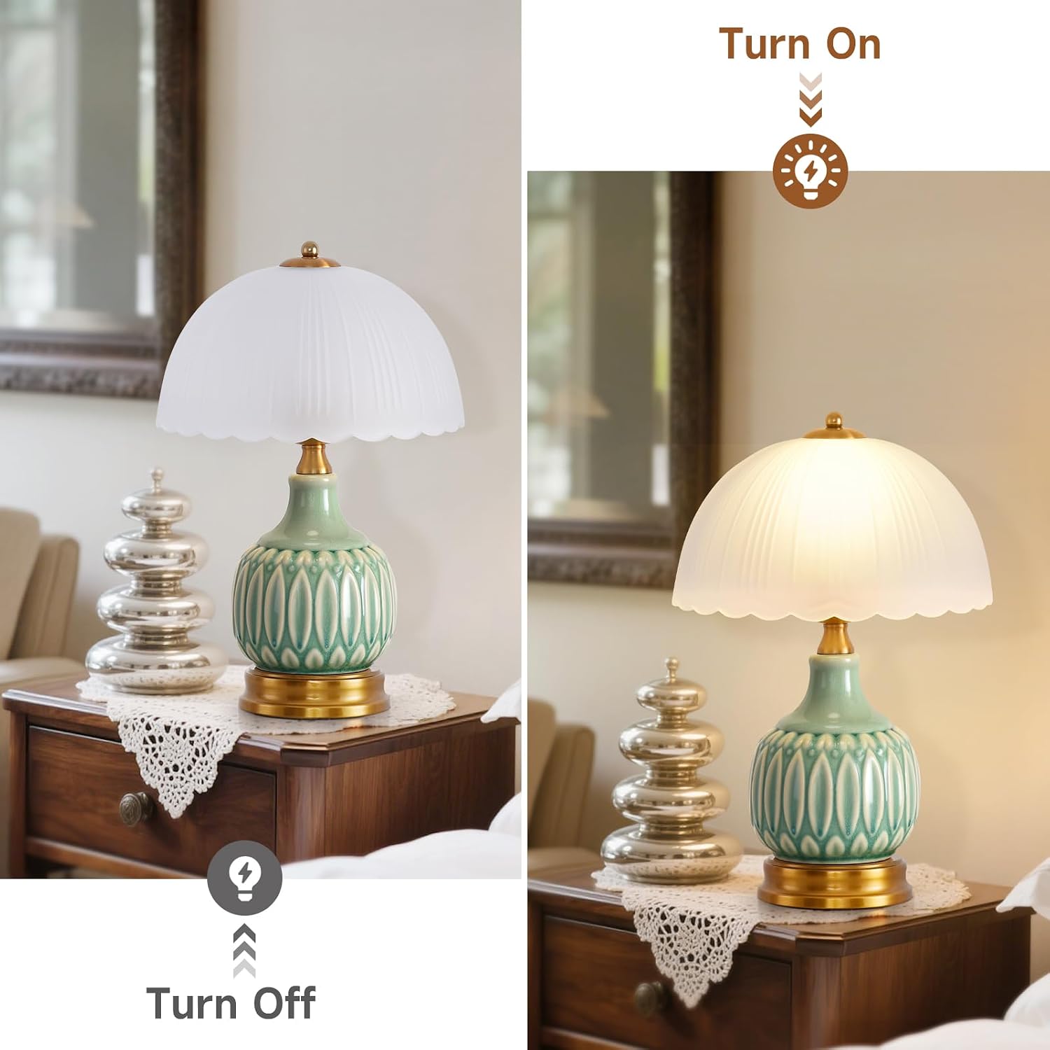 Table Lamps Ceramic Retro Lamp for Living Room,15.7" Modern Bedside Nightstand Traditional Lamps, Classic Chinoiserie Green Glass Lamp…