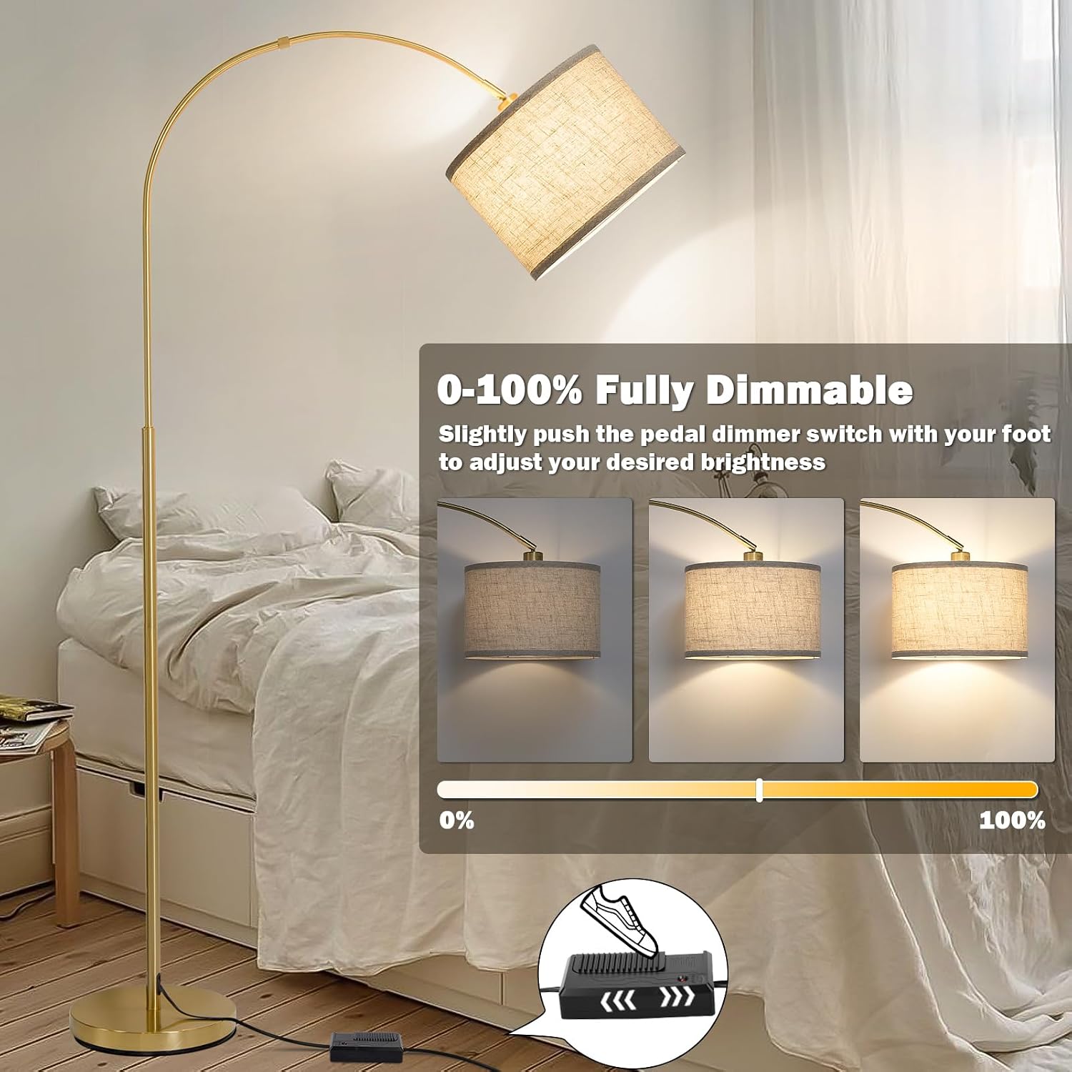 Gold Arc Floor Lamp, Dimmable Floor Lamp for Living Room, Mordern Standing Light with Adjustable Lamp Head, Tall Pole Lamp Over Couch…