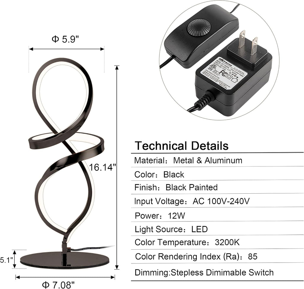 Mayful Modern Table Lamp with LED Unique Spiral Design, Small Nightstand Lamp with Stepless Dimming Switch, Black Bedside Lamps for…