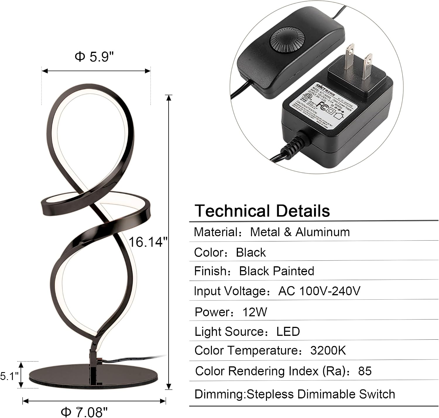Mayful Modern Table Lamp with LED Unique Spiral Design, Small Nightstand Lamp with Stepless Dimming Switch, Black Bedside Lamps for…