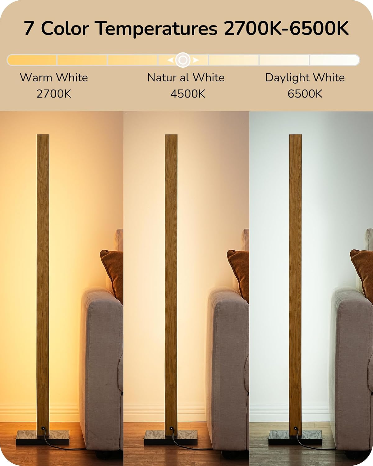 Edishine Wood LED Corner Floor Lamp, Modern Dimmable Light with Remote, Minimalist Standing Floor Lamps for Living Room, Bedroom, Office, 7…