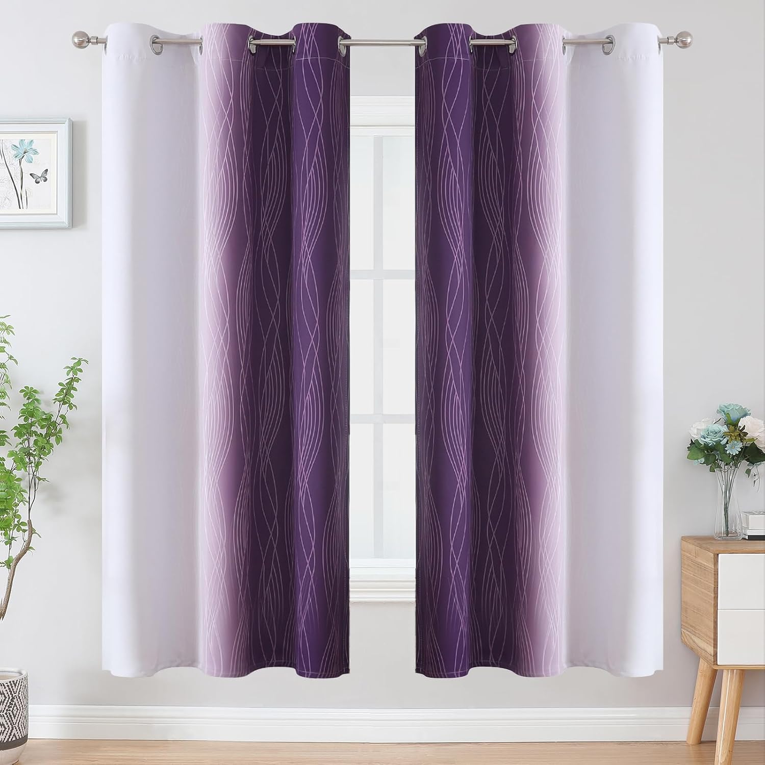Estelartextiler Estelar Textiler Purple and Greyish White Ombre Blackout Curtains 72 Inches Length for Bedroom, Thermal Insulated Light Blo…