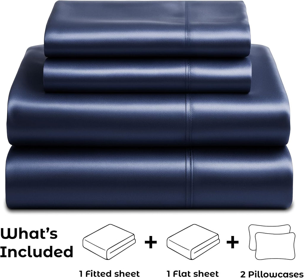 PureBedding Satin Sheets King [4-Piece, Midnight Blue] Hotel Luxury Silky Bed Sheets - Extra Soft 1800 Microfiber Sheet Set, Wrinkle, Fade,…