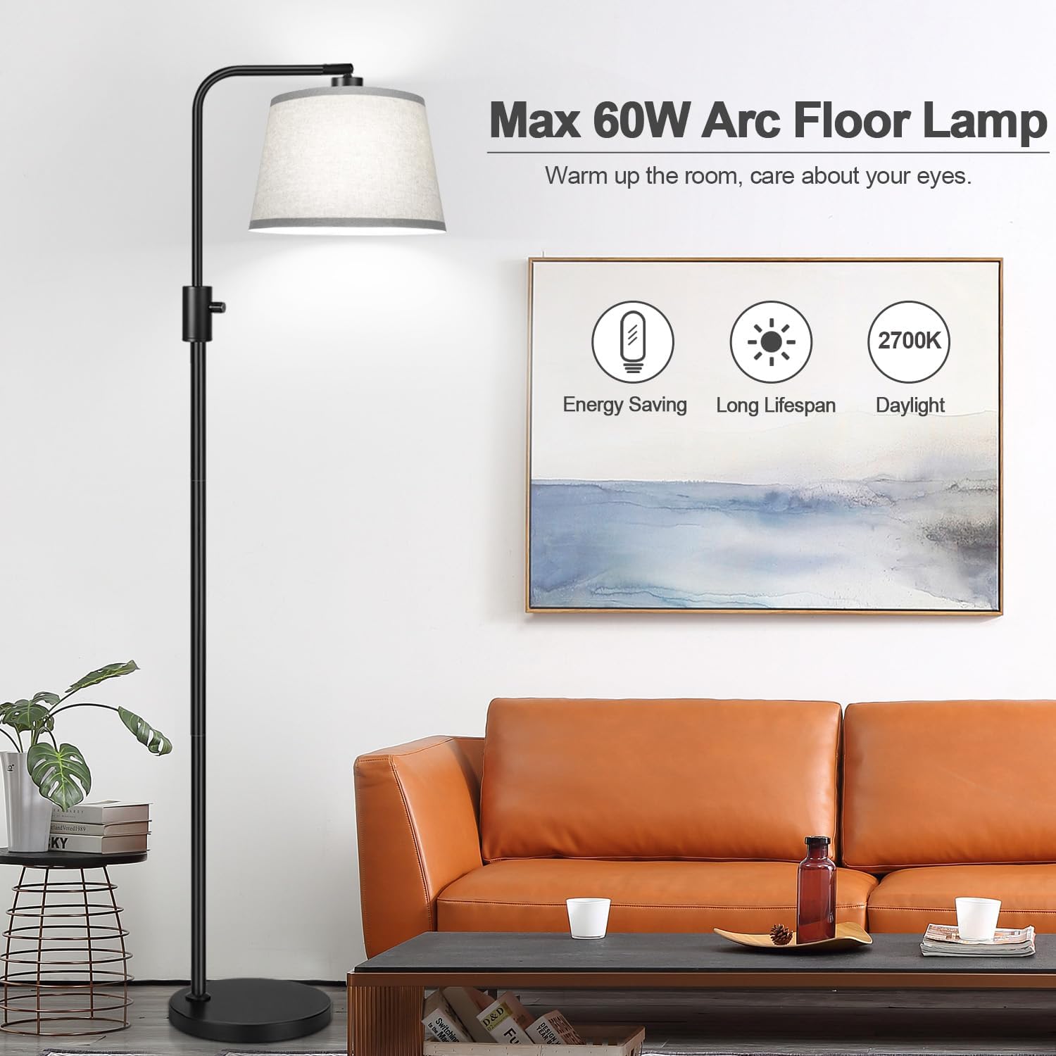 Upgraded】 Dimmable Floor Lamp, 1000 Lumens LED Edison Bulb Included, Arc Floor Lamps for Living Room Modern Standing Lamp with Gray…