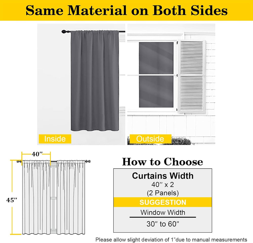 WelvetBLK Grey Room Darkening Curtains for Bedroom Living Room 45 Inch Length 2 Panels Set, Soft Solid Thermal Insulated Rod Pocket Short C…