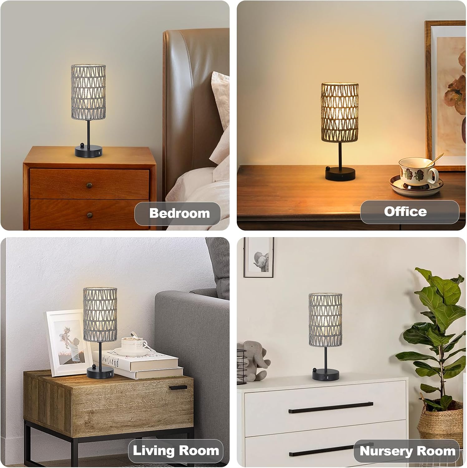 Gray Bedside Lamps Set of 2, Touch Control Night Stand Lamp for Bedroom with Rattan & Linen Shade & Bulbs, 3 Way Dimmable Small Boho…