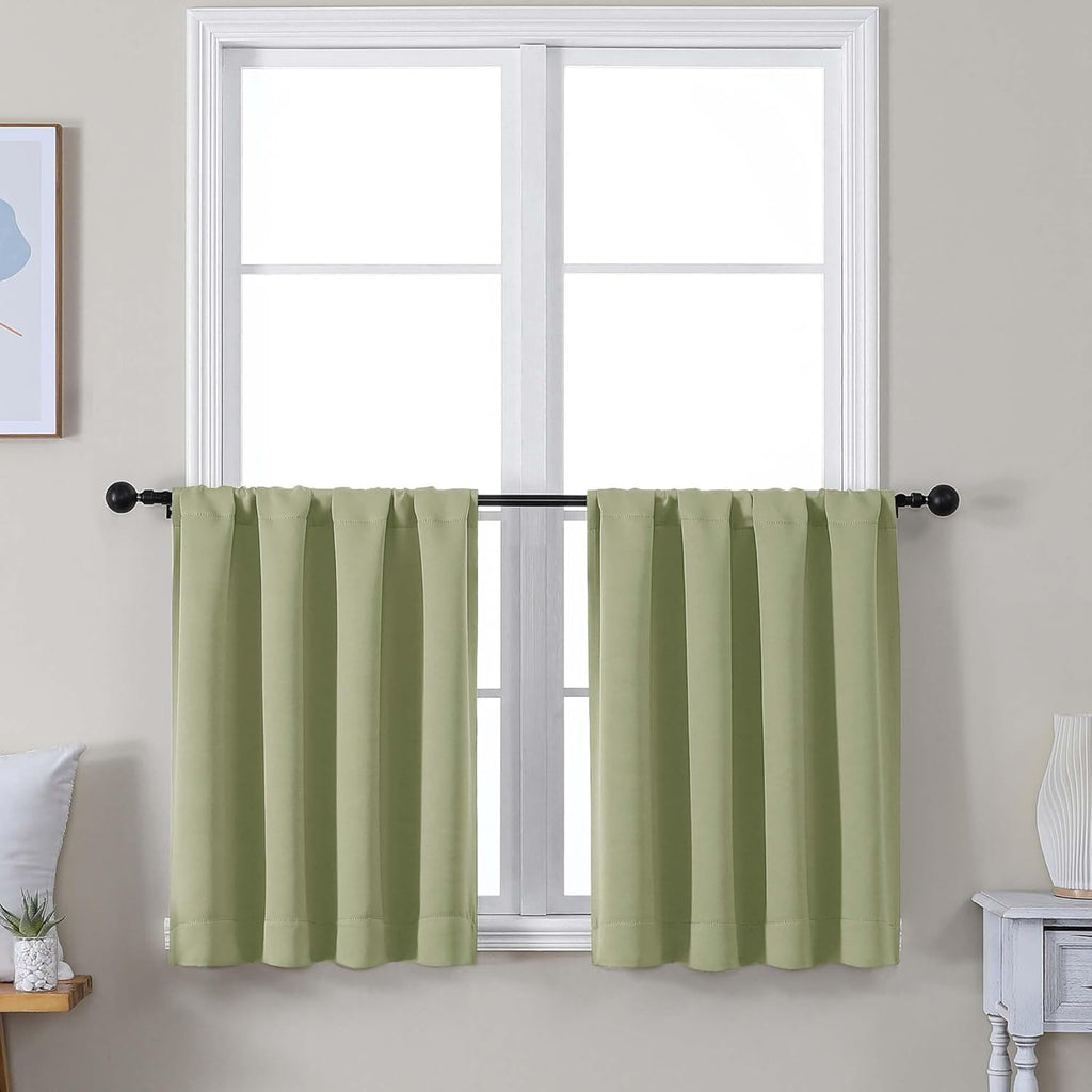 Simplebrand Ava Sage Green Short 24 Inches Blackout Curtain 2 Panels Set, Half Window Rod Pocket Privacy Curtain Tiers for Kitchen, Curtain…
