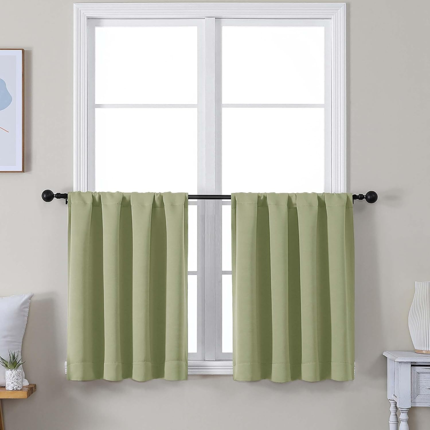 Simplebrand Ava Sage Green Short 24 Inches Blackout Curtain 2 Panels Set, Half Window Rod Pocket Privacy Curtain Tiers for Kitchen, Curtain…